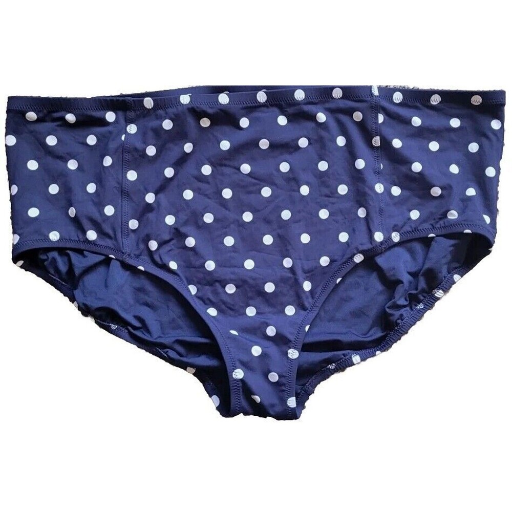 Lands End Navy Bikini Bottom Swim 22W Polka Dot Modest 2X Lined High Waist S310